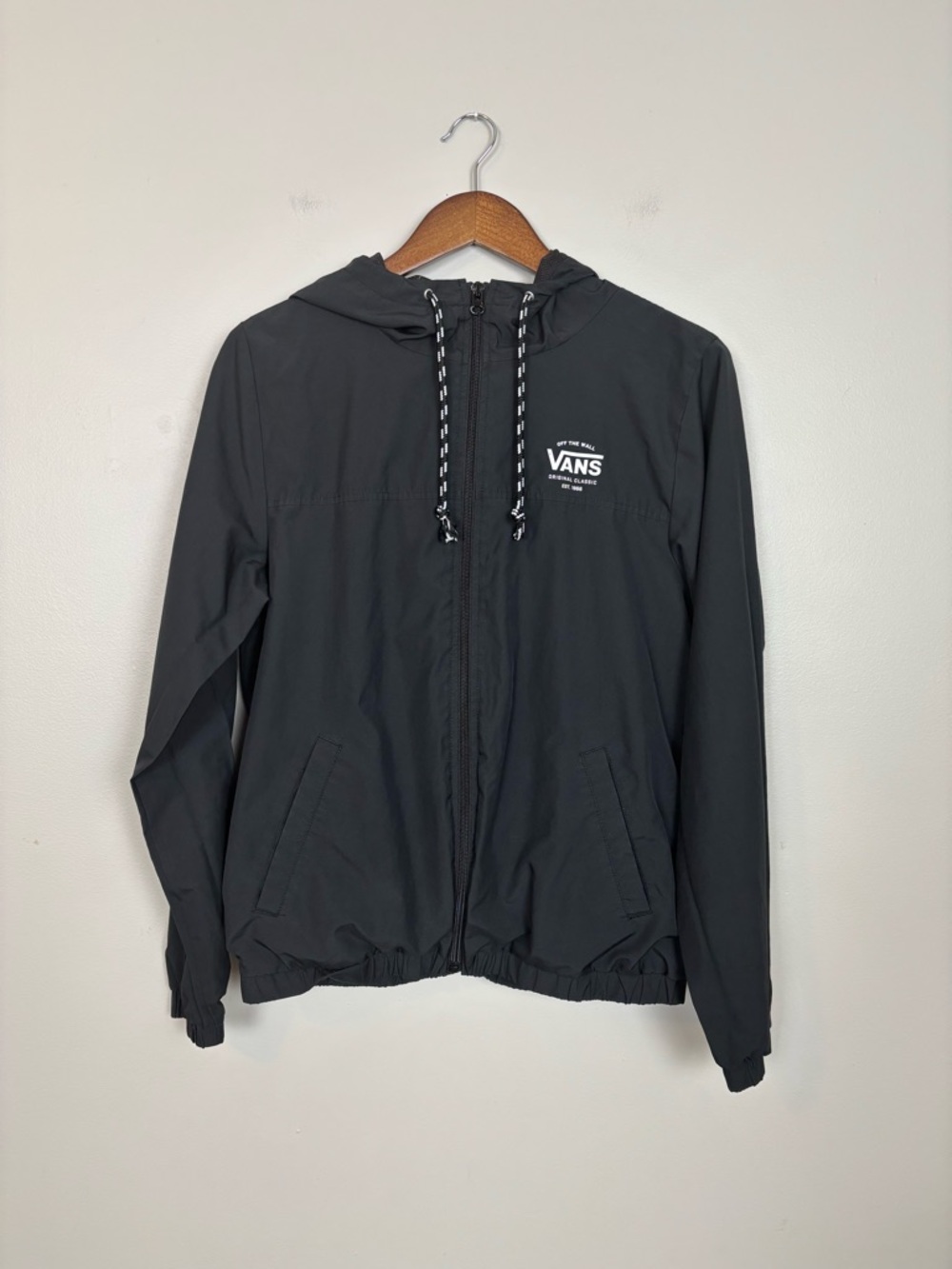 Vans Off The Wall Hooded Windbreaker Jacket Womens Medium Black Front Zip